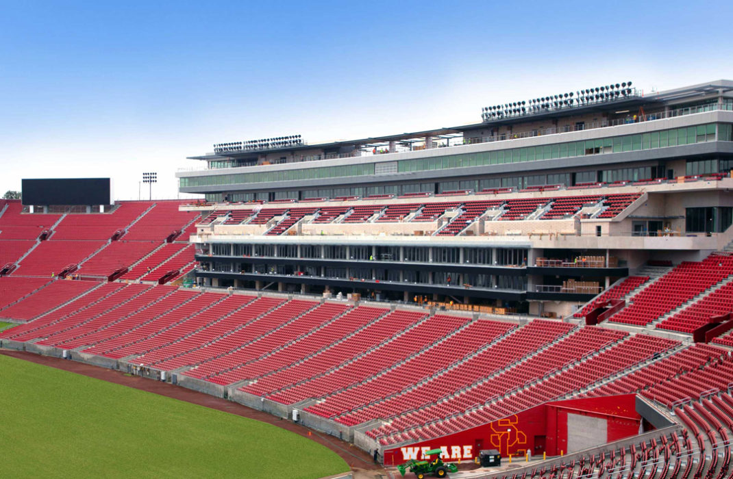 sky with red bleacher stands