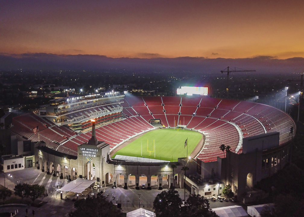 stadium with lights and sunset