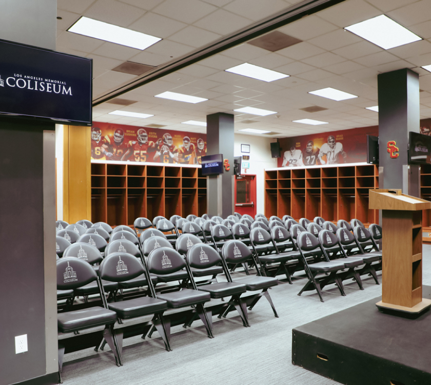 locker room with seats and podium