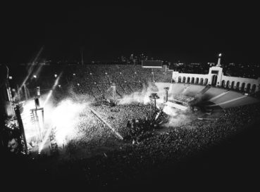 black and white photo of coliseum viewed from the top