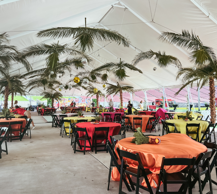 palm trees and orange round tables